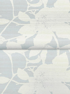 Solange Botanical Wallpaper by York Wallcoverings features a subtle floral and leaf pattern in pale blue and white, with a visible seam running horizontally across the center of the image.