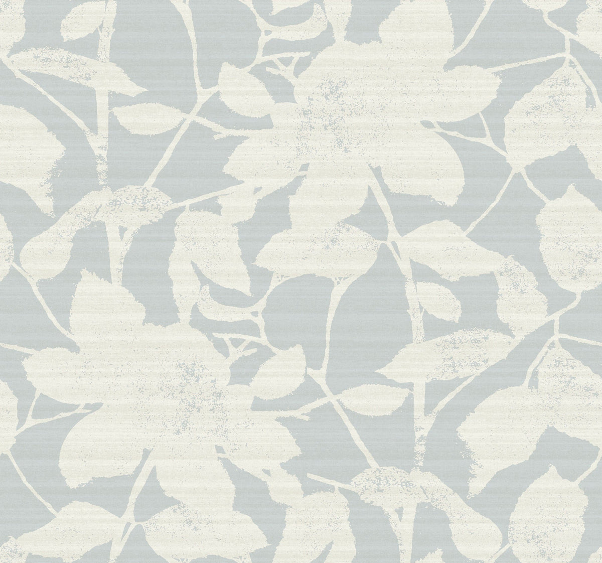 The Solange Botanical Wallpaper by York Wallcoverings features a white floral and leaf pattern set against a light blue-gray background, enhanced with a textured and subtly distressed finish throughout the design.