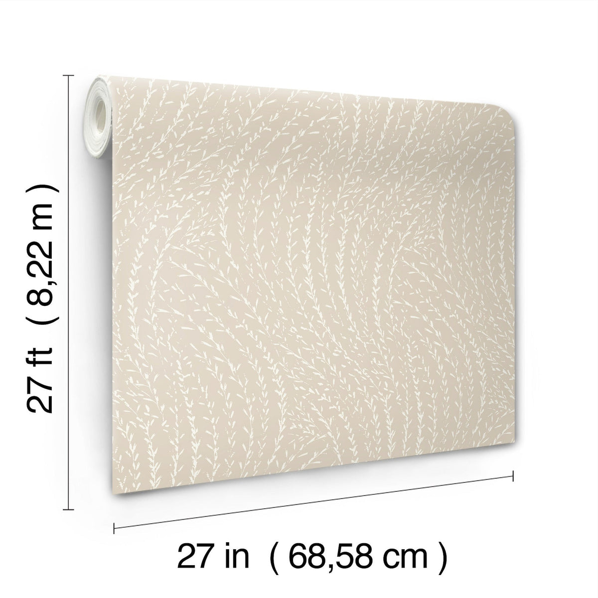 The Willow Song Botanical Wallpaper by York Wallcoverings, featuring a beige background with a white vine pattern, is displayed. The dimensions are 27 feet (8.22 meters) in length and 27 inches (68.58 centimeters) in width.