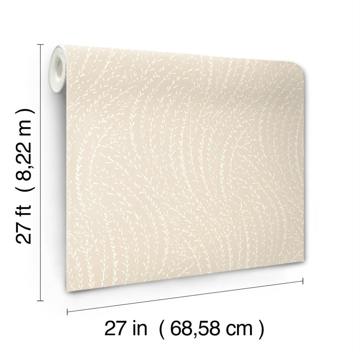 The Willow Song Botanical Wallpaper by York Wallcoverings is displayed unrolled, featuring a white leafy pattern on a beige background, and measures 27 feet in length and 27 inches in width.