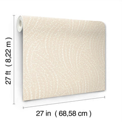 The Willow Song Botanical Wallpaper by York Wallcoverings features a roll of beige wallpaper adorned with a subtle white leaf pattern. Each roll measures 27 feet (8.22 m) in length and 27 inches (68.58 cm) in width.