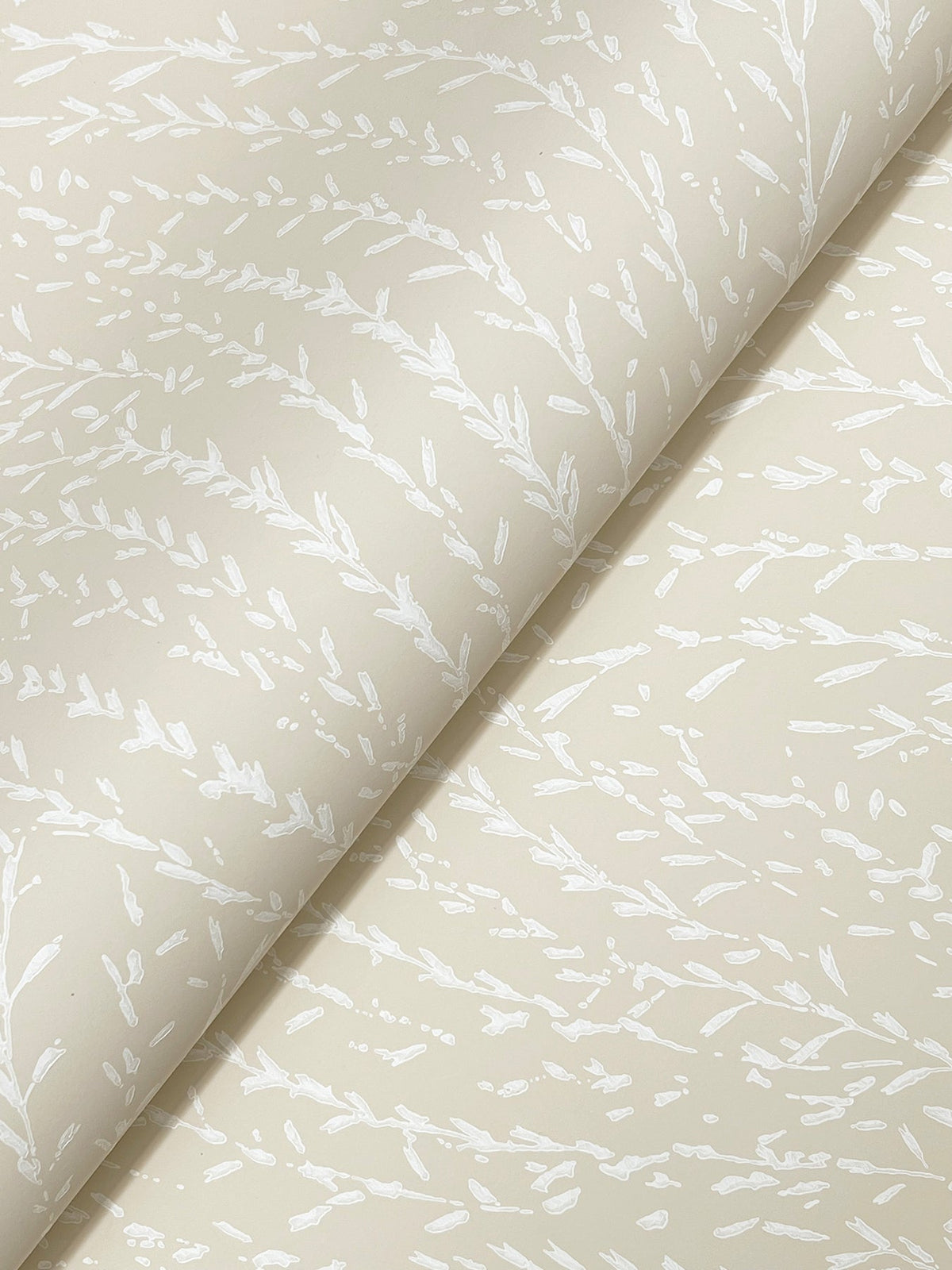 Willow Song Botanical Wallpaper by York Wallcoverings features a beige background adorned with a delicate white botanical pattern of slender branches and leaves, presented as a rolled sheet with a smooth, matte finish.