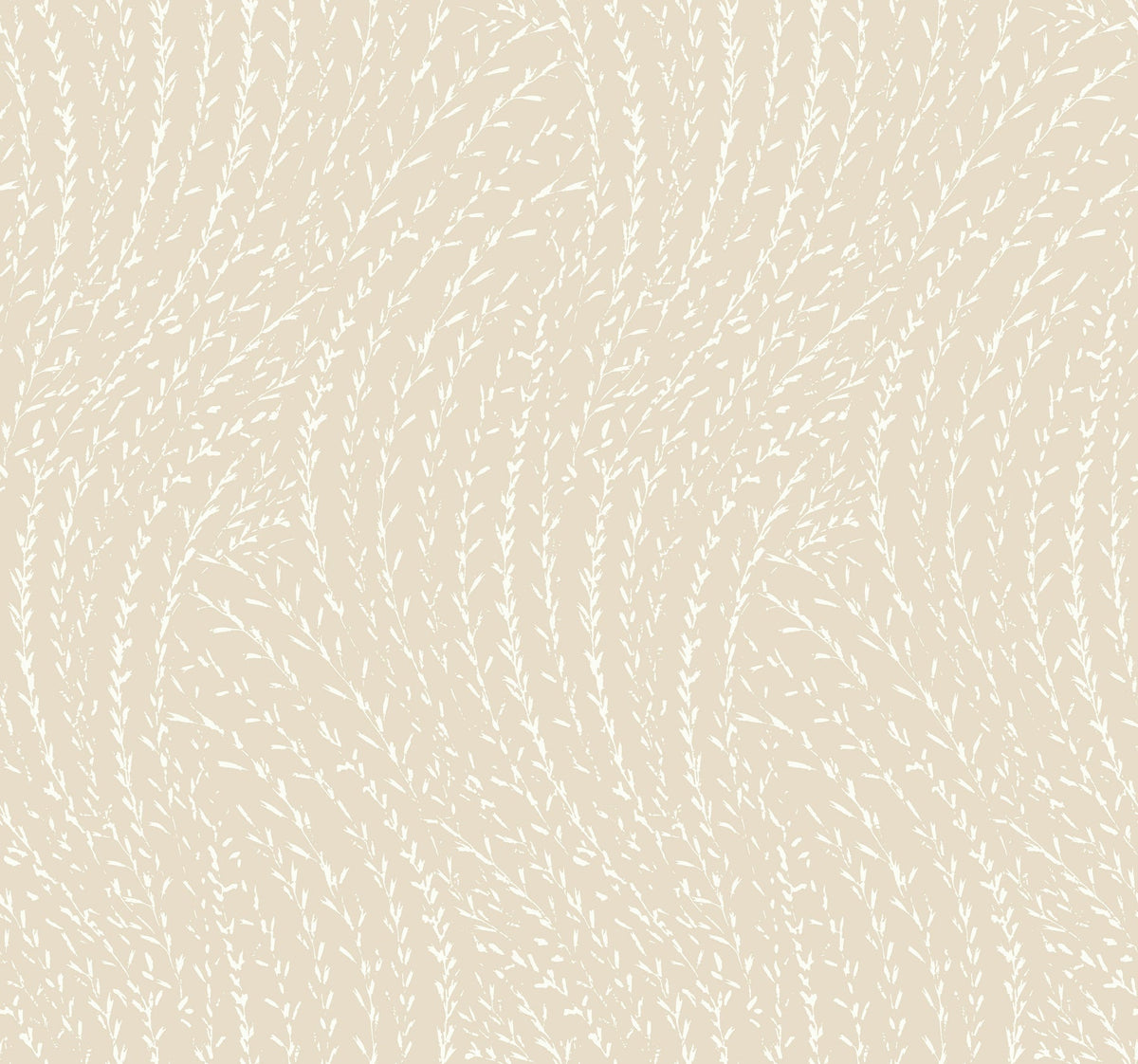 Willow Song Botanical Wallpaper by York Wallcoverings features a beige background adorned with a subtle, repeating pattern of delicate white curved lines that evoke abstract leaves or gently swaying grasses. This soft, organic design creates a calm and natural ambiance.