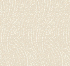Willow Song Botanical Wallpaper by York Wallcoverings features a beige background adorned with a subtle, repeating pattern of delicate white curved lines that evoke abstract leaves or gently swaying grasses. This soft, organic design creates a calm and natural ambiance.
