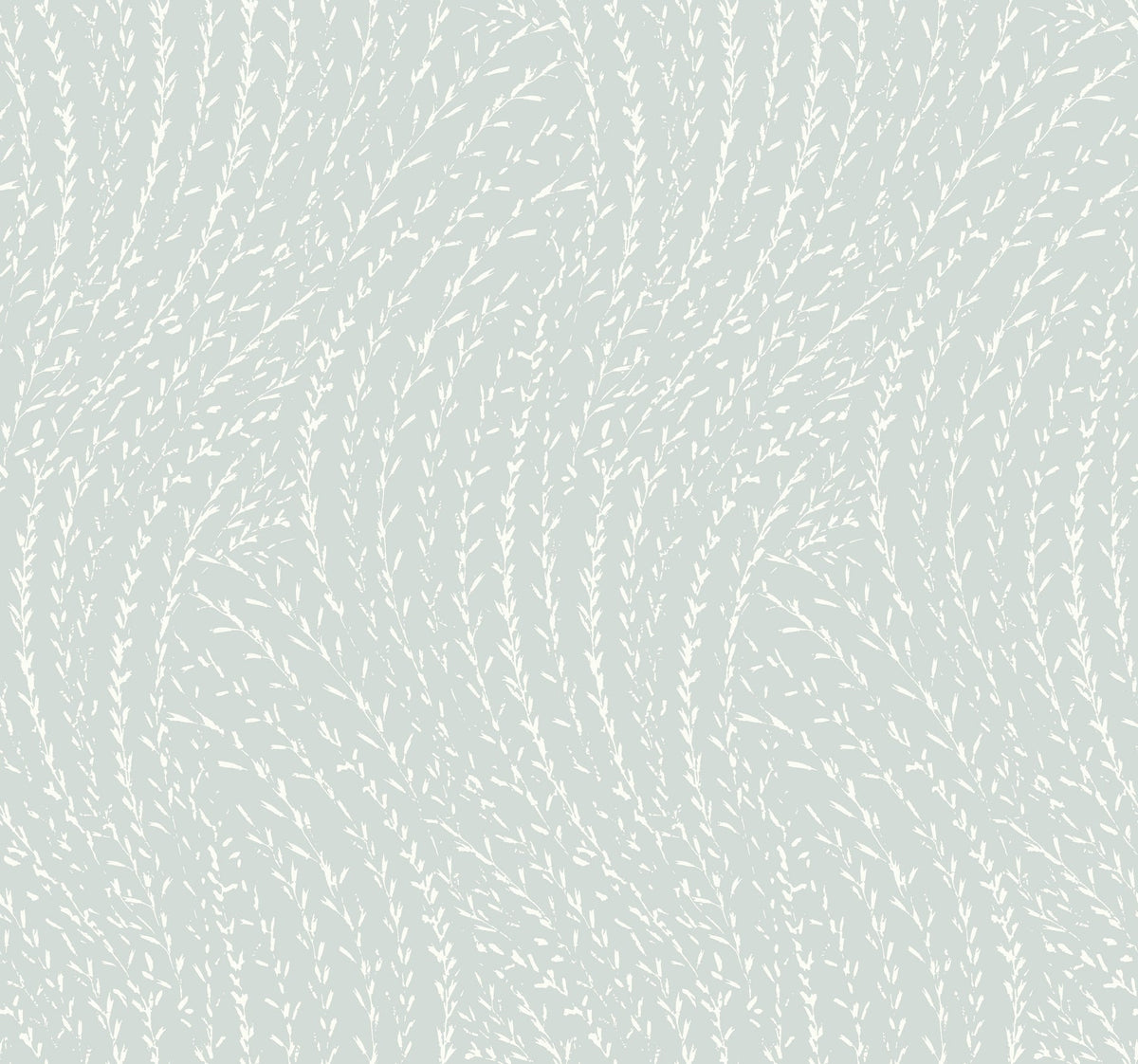 Transform your space with the Willow Song Botanical Wallpaper by York Wallcoverings, featuring a pale blue background adorned with a repeating pattern of delicate white, wavy, branch-like lines and small leaves for an abstract, nature-inspired texture.