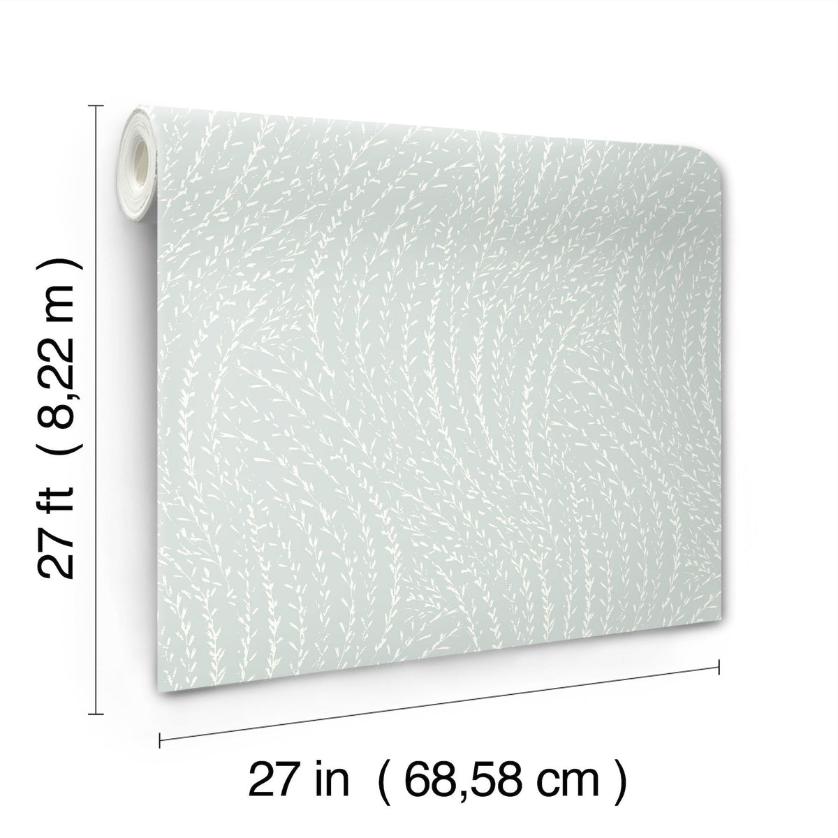 Willow Song Botanical Wallpaper by York Wallcoverings features a light blue background with a white leafy pattern and comes in rolls measuring 27 feet (8.22 meters) long by 27 inches (68.58 cm) wide.