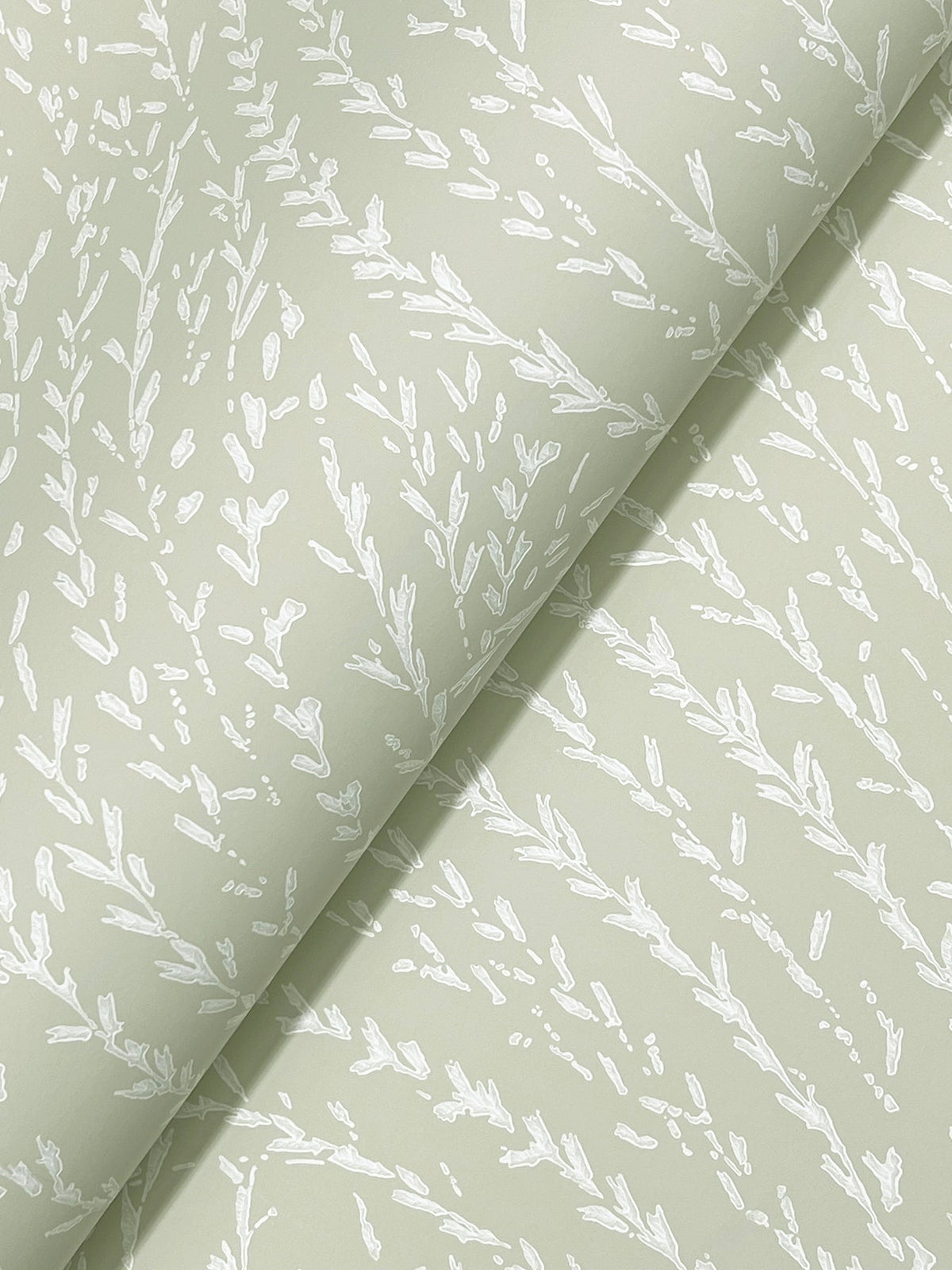 Willow Song Botanical Wallpaper by York Wallcoverings displays a light green background adorned with a subtle white botanical pattern of delicate leaves and branches. The wallpaper is pictured at an angle, with a visible fold creating a diagonal shadow.