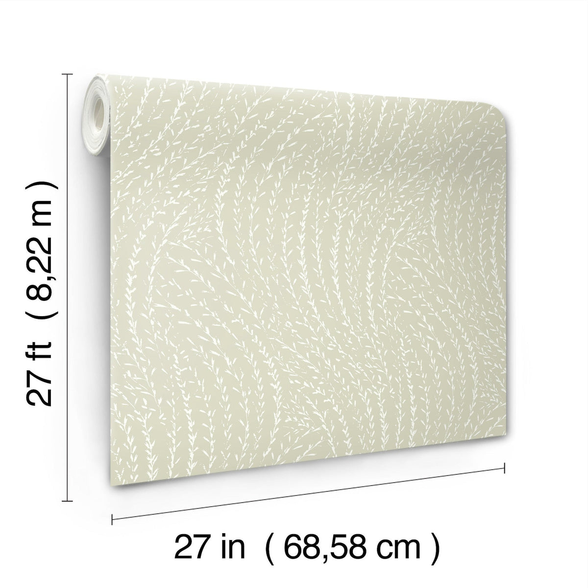 The Willow Song Botanical Wallpaper by York Wallcoverings is a roll of beige wallpaper featuring a white leaf pattern, measuring 27 feet (8.22 m) long and 27 inches (68.58 cm) wide.