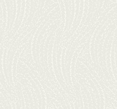 Willow Song Botanical Wallpaper by York Wallcoverings features a light gray background adorned with a delicate, repeating pattern of wavy, thin white lines that evoke the look of stylized leaves or grass blades, lending a gentle, organic, and calming texture to any space.