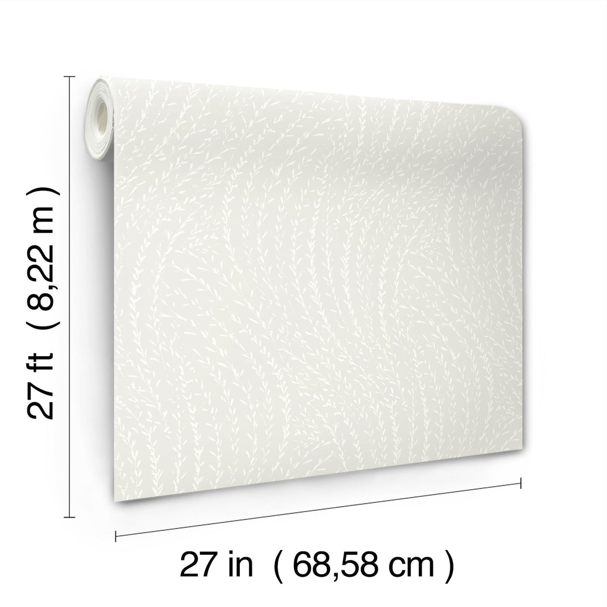 The Willow Song Botanical Wallpaper by York Wallcoverings is displayed partially unrolled, showcasing its light hue and subtle leaf pattern. The dimensions are marked as 27 feet by 27 inches (8.22 meters by 68.58 centimeters).