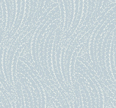 The Willow Song Botanical Wallpaper by York Wallcoverings features a light blue and white seamless pattern of curving, wavy lines that resemble delicate, swaying grass or leaves, creating a soft, flowing, and natural texture.