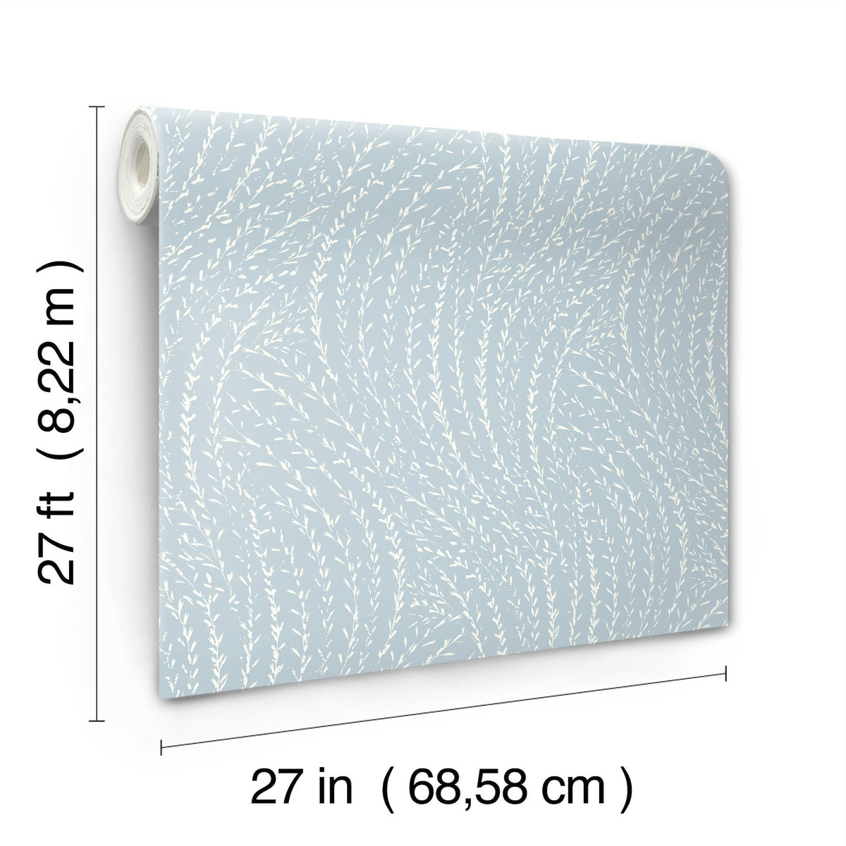 The Willow Song Botanical Wallpaper by York Wallcoverings is featured in a light blue color with a white leaf pattern. The roll measures 27 feet (8.22 m) in length and 27 inches (68.58 cm) in width.