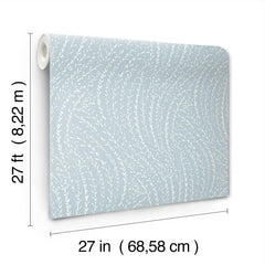 The Willow Song Botanical Wallpaper by York Wallcoverings is featured in a light blue color with a white leaf pattern. The roll measures 27 feet (8.22 m) in length and 27 inches (68.58 cm) in width.