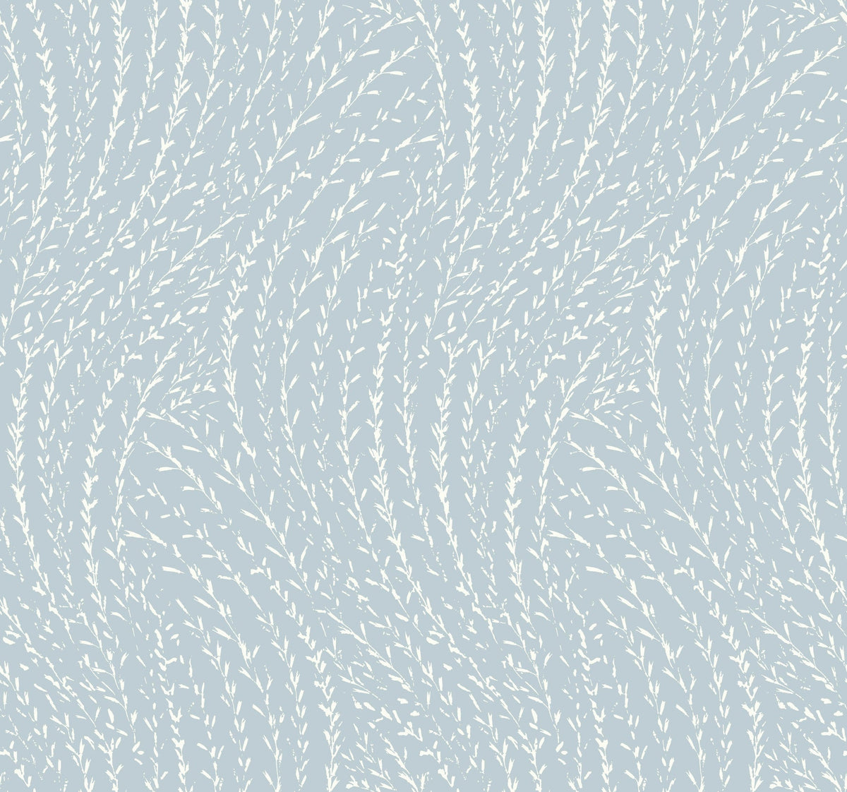 Elevate your space with the Willow Song Botanical Wallpaper by York Wallcoverings, featuring a seamless pattern of white, curved leafy branches on a light blue background that creates a flowing, natural design.