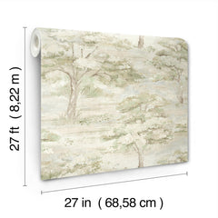 The Moreno Woodland Wallpaper by York Wallcoverings features a muted, pastel tree landscape pattern and comes in rolls measuring 27 feet (8.22 m) long and 27 inches (68.58 cm) wide.