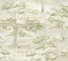 Experience the serene charm of nature with York Wallcoverings’ Moreno Woodland Wallpaper, featuring watercolor-style illustrations of leafy trees and shrubs in muted green and beige tones on a textured light background—perfect for creating a tranquil, vintage-inspired atmosphere.