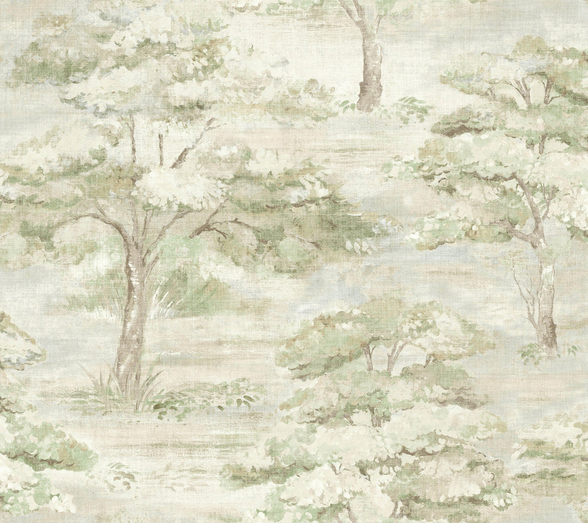 Experience the serene charm of nature with York Wallcoverings’ Moreno Woodland Wallpaper, featuring watercolor-style illustrations of leafy trees and shrubs in muted green and beige tones on a textured light background—perfect for creating a tranquil, vintage-inspired atmosphere.
