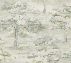 The Moreno Woodland Wallpaper by York Wallcoverings features a soft, watercolor-style illustration of leafy trees and bushes in muted greens, grays, and off-whites set against a textured, light background for a nature-inspired look.