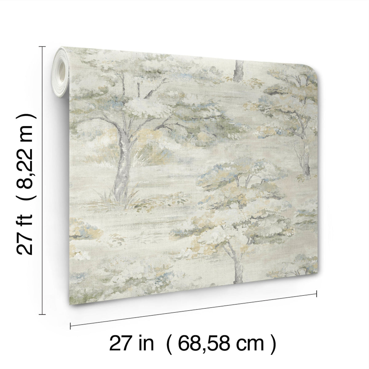 The Moreno Woodland Wallpaper by York Wallcoverings is shown, featuring a muted tree pattern. The roll measures 27 feet (8.22 meters) in length and 27 inches (68.58 cm) in width.