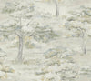 The Moreno Woodland Wallpaper by York Wallcoverings showcases hand-painted trees with green and white foliage on a light beige background, creating a peaceful and natural landscape scene.