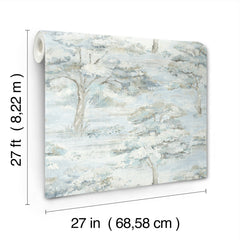 The Moreno Woodland Wallpaper by York Wallcoverings is shown, featuring a blue and gray scenic tree pattern. Each roll measures 27 feet (8.22 meters) in length and 27 inches (68.58 cm) in width.