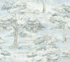 Introducing the Moreno Woodland Wallpaper by York Wallcoverings, featuring a watercolor-inspired design of delicate trees in soothing blue, gray, and green hues. This wallpaper creates a calming and serene landscape with softly faded tones and textured painterly details for a dreamy effect.