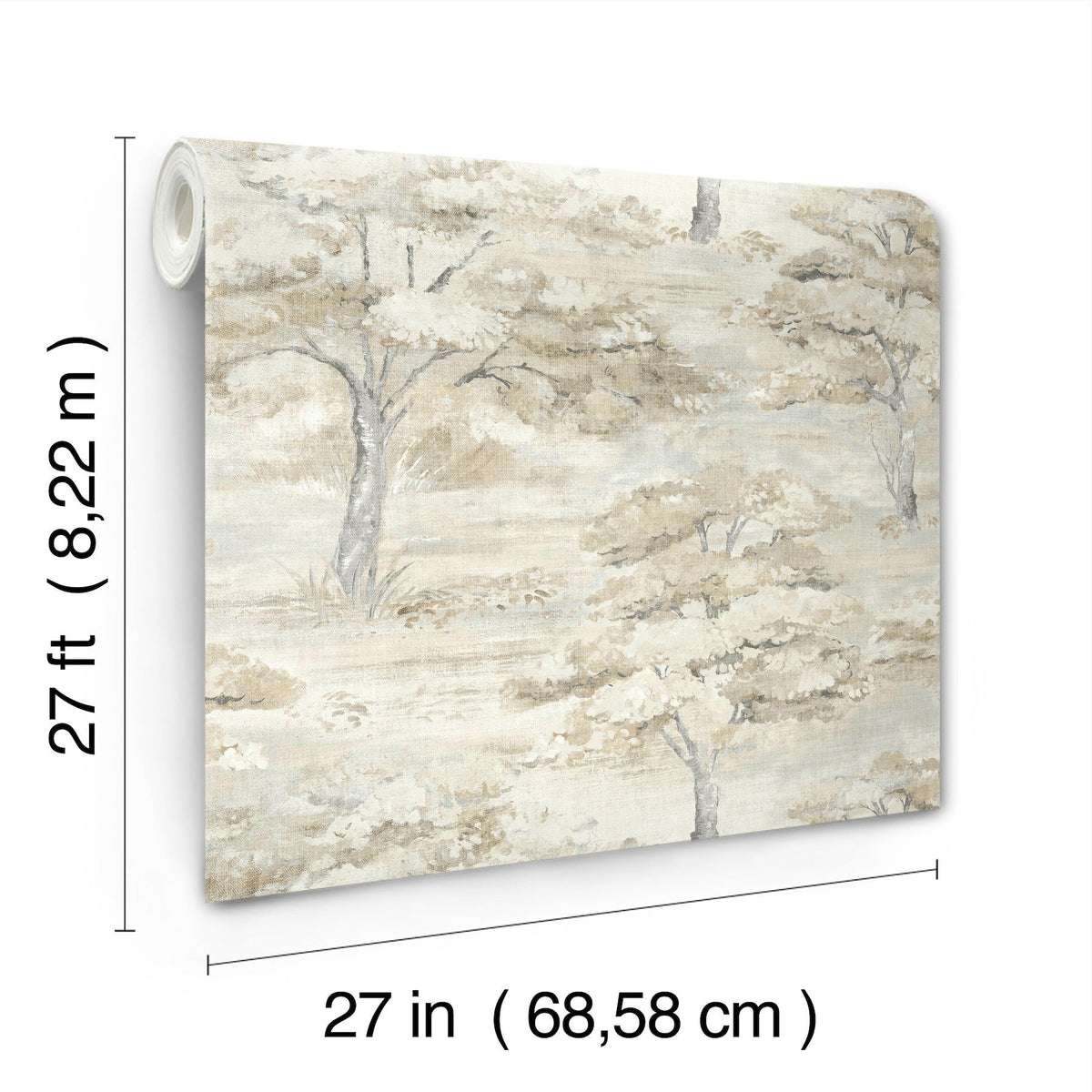 Moreno Woodland Wallpaper by York Wallcoverings features a beige and gray tree pattern. Each roll measures 27 feet (8.22 m) in length and 27 inches (68.58 cm) in width, shown here against a white background.