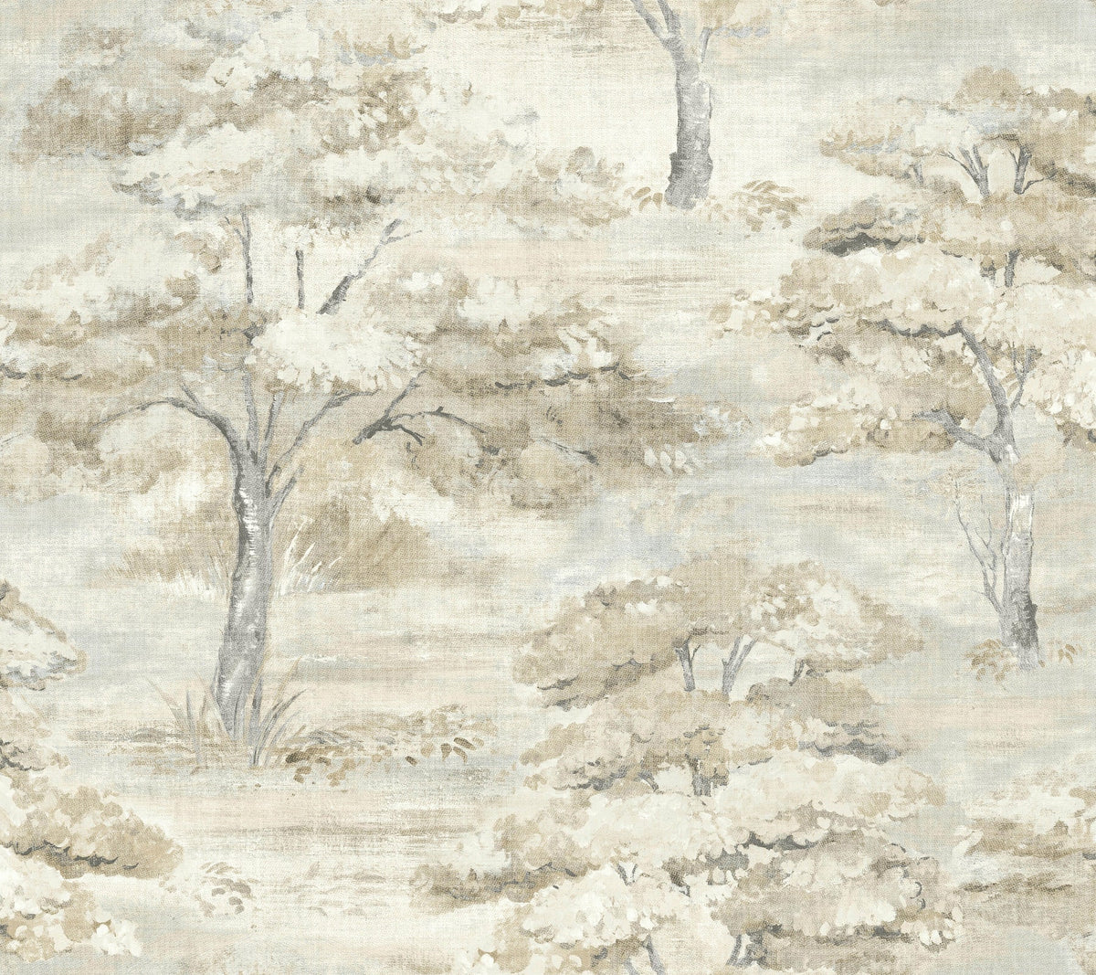 The Moreno Woodland Wallpaper by York Wallcoverings features an artistic pattern of light beige and gray trees with textured, brushstroke foliage on a soft, muted background, evoking a serene, natural landscape.