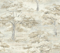 The Moreno Woodland Wallpaper by York Wallcoverings features an artistic pattern of light beige and gray trees with textured, brushstroke foliage on a soft, muted background, evoking a serene, natural landscape.