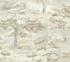 The Moreno Woodland Wallpaper by York Wallcoverings features a beige and gray palette with a watercolor-style landscape of trees and foliage, lending a soft, serene, and vintage look to your space.