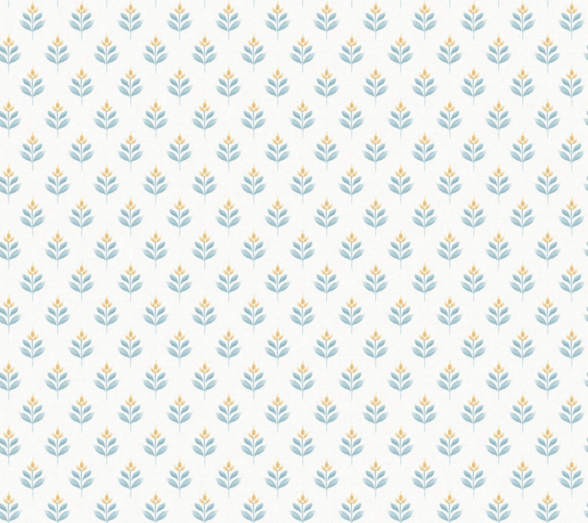 The Serene Villa Floral Stamp Wallpaper by York Wallcoverings features a seamless arrangement of small blue and yellow floral motifs set in a regular diamond grid on a light gray background. This simple, repetitive design lends a soft, vintage charm to any space.