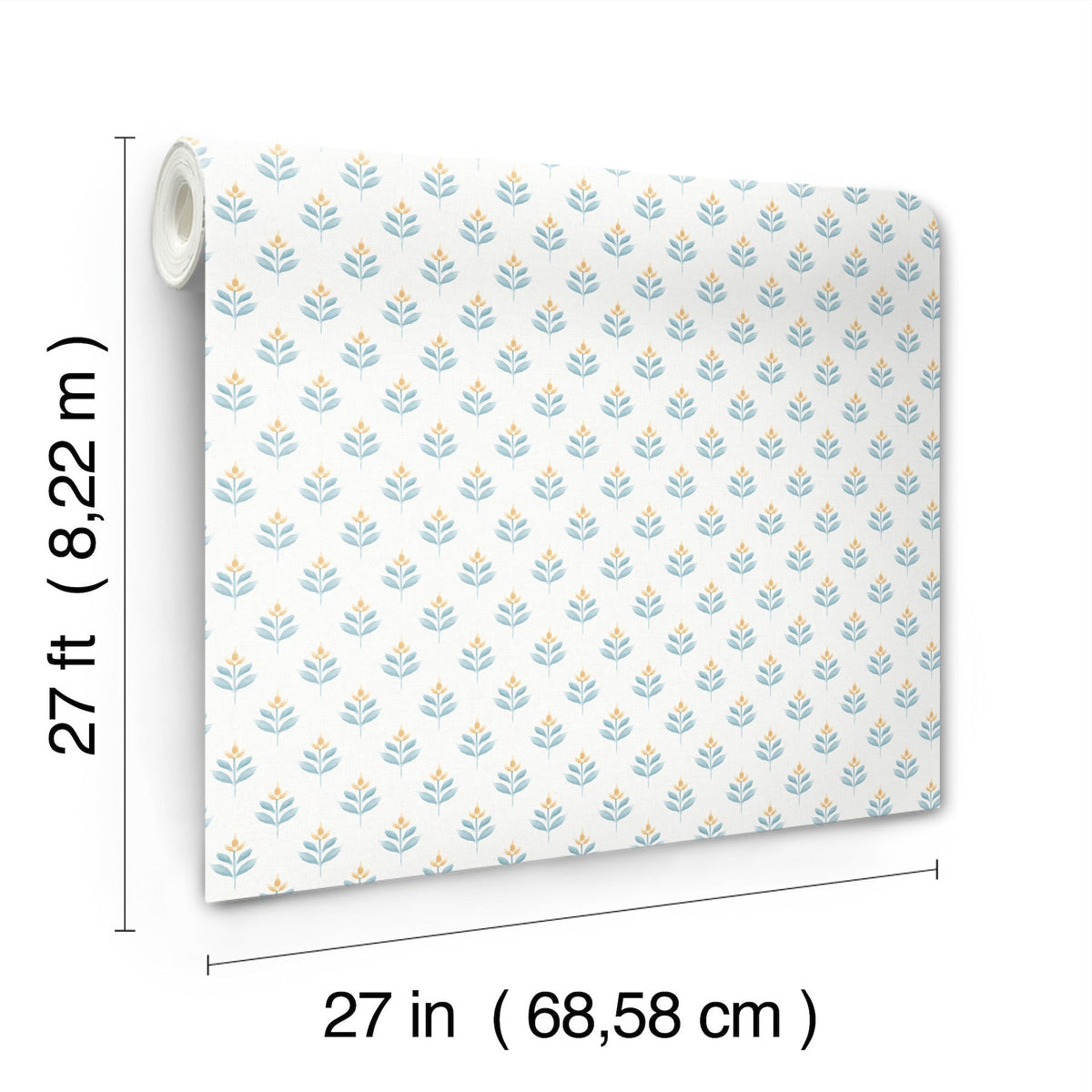 The Serene Villa Floral Stamp Wallpaper by York Wallcoverings features a simple blue and yellow floral pattern and comes in a roll measuring 27 feet by 27 inches (8.22 meters by 68.58 centimeters).