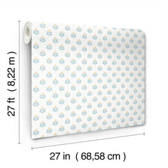 The Serene Villa Floral Stamp Wallpaper by York Wallcoverings features a simple blue and yellow floral pattern and comes in a roll measuring 27 feet by 27 inches (8.22 meters by 68.58 centimeters).