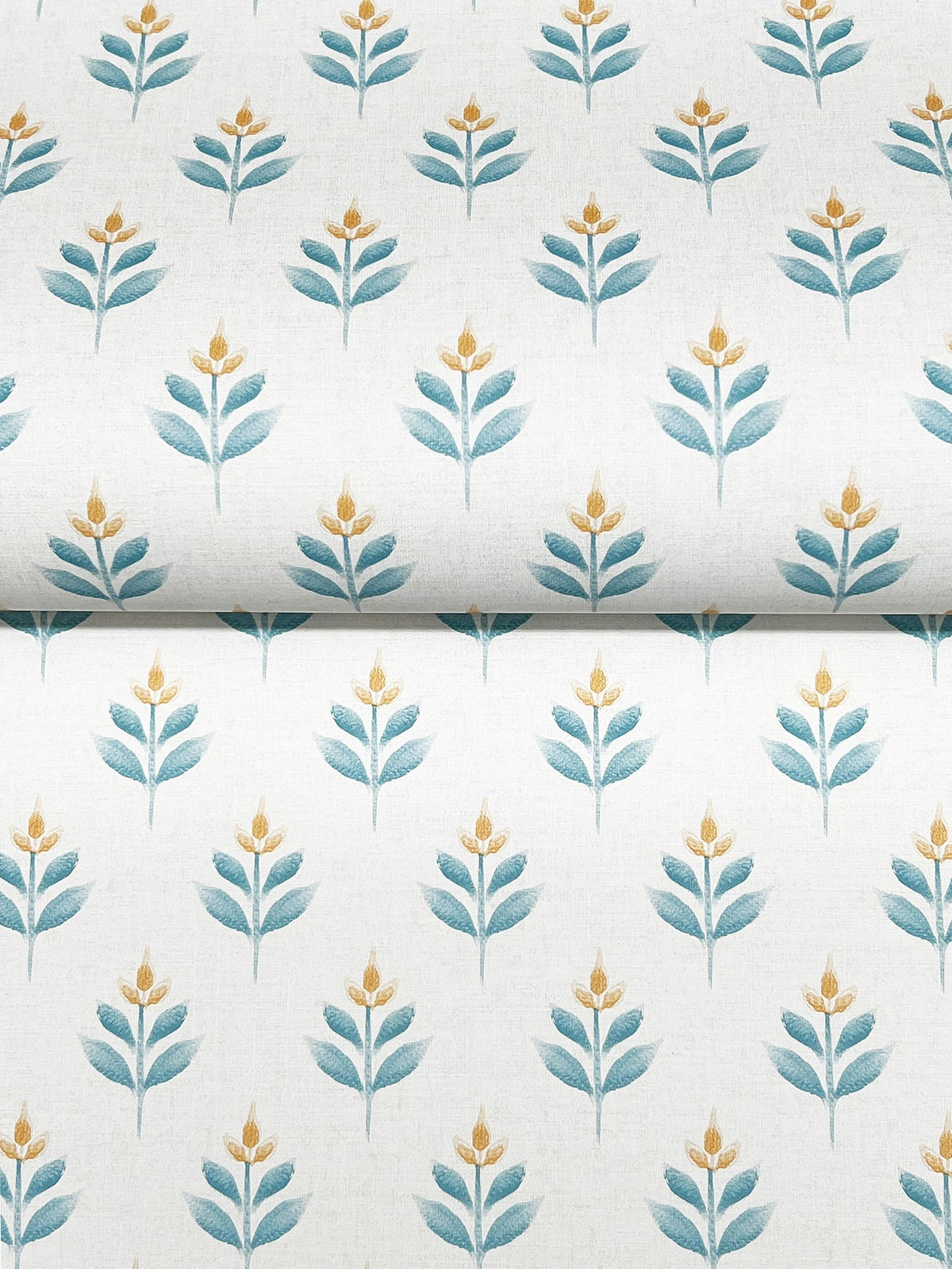 York Wallcoverings’ Serene Villa Floral Stamp Wallpaper features a repeating pattern of stylized blue-green leaves and small yellow flowers, arranged in evenly spaced rows on a light background.