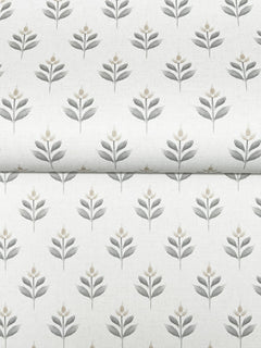 Serene Villa Floral Stamp Wallpaper by York Wallcoverings features a neutral-toned design with simple gray and beige stylized flowers and leaves, arranged in neat vertical rows on a light background.