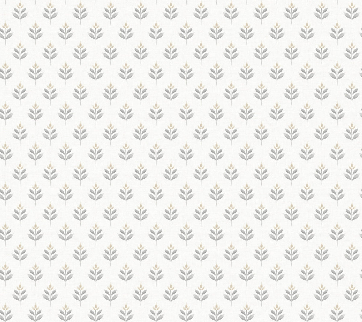 Introducing Serene Villa Floral Stamp Wallpaper by York Wallcoverings: featuring a seamless pattern of small, minimalist gray leafy branches arranged in tidy, repeating rows against a soft off-white background.