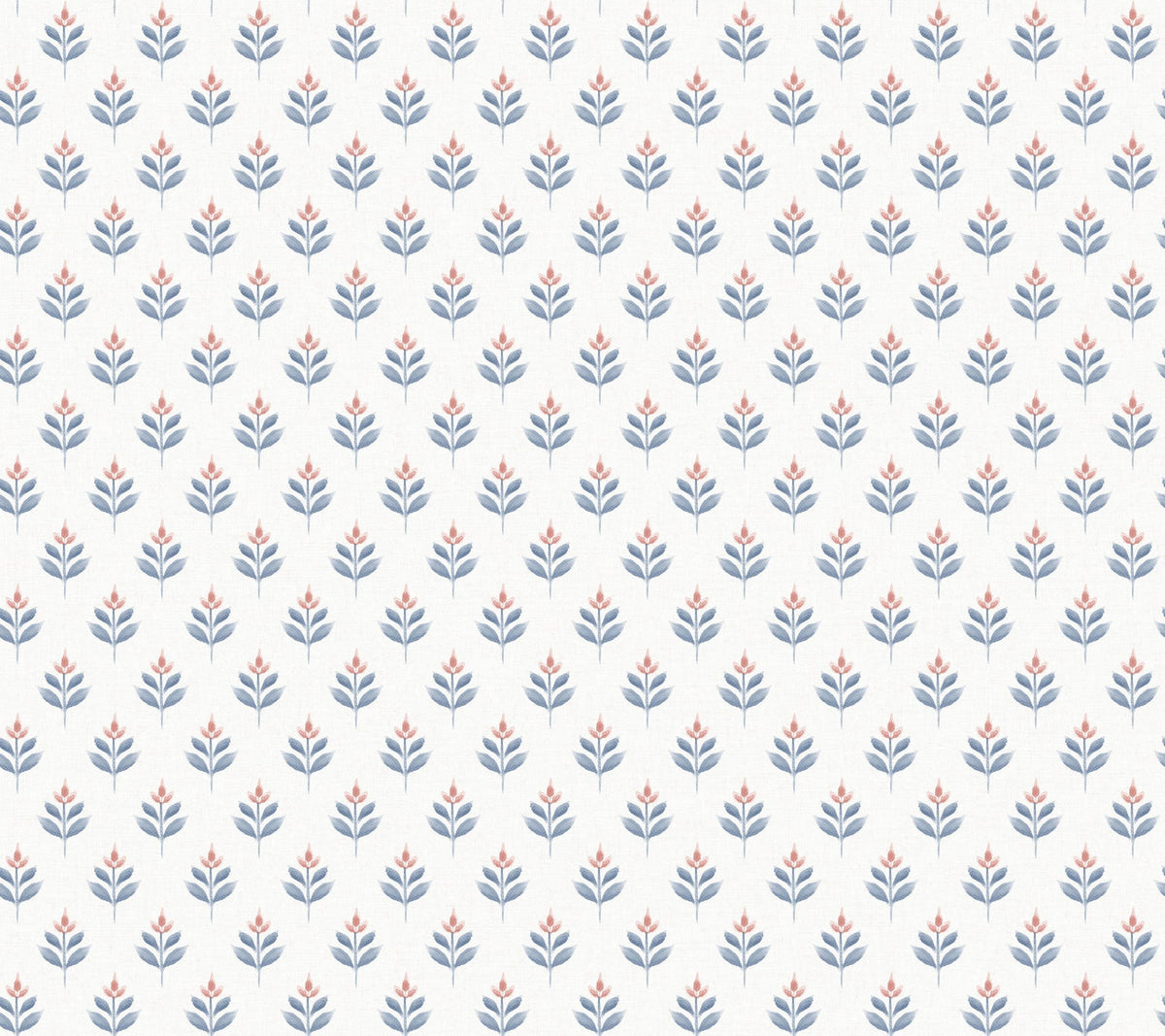 Introducing Serene Villa Floral Stamp Wallpaper by York Wallcoverings, featuring a seamless repeating pattern of small stylized blue and pink flowers with green stems on a light gray background. The flowers are arranged in evenly spaced diagonal rows, creating a uniform and orderly design.