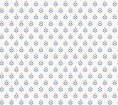 Introducing Serene Villa Floral Stamp Wallpaper by York Wallcoverings, featuring a seamless repeating pattern of small stylized blue and pink flowers with green stems on a light gray background. The flowers are arranged in evenly spaced diagonal rows, creating a uniform and orderly design.