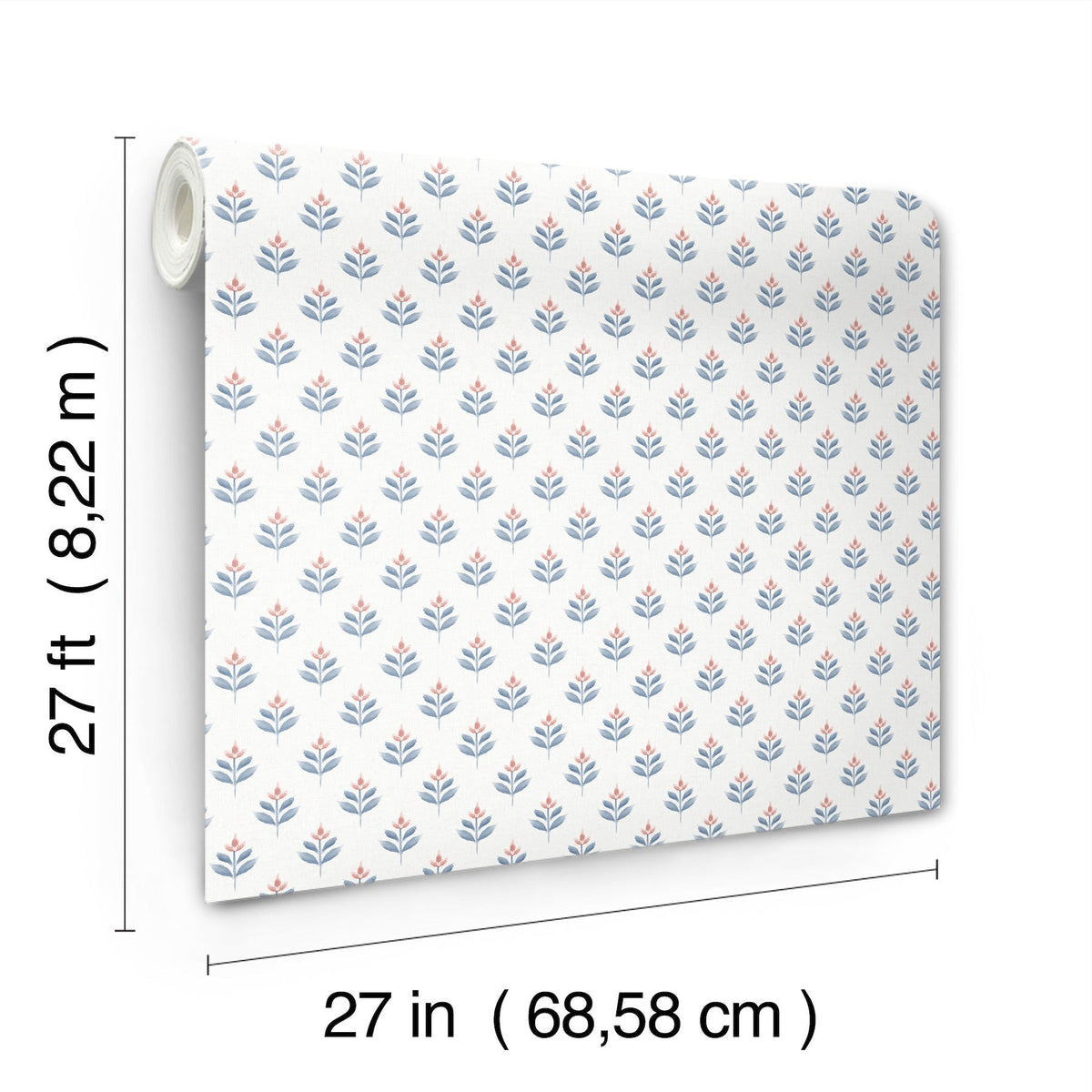 The York Wallcoverings Serene Villa Floral Stamp Wallpaper features a blue and red floral pattern on a white background and comes in a roll measuring 27 feet long by 27 inches (68.58 cm) wide.