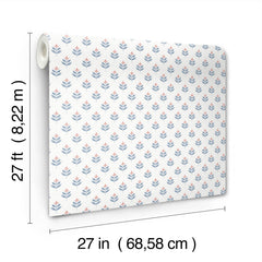 The York Wallcoverings Serene Villa Floral Stamp Wallpaper features a blue and red floral pattern on a white background and comes in a roll measuring 27 feet long by 27 inches (68.58 cm) wide.