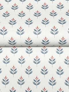 Serene Villa Floral Stamp Wallpaper by York Wallcoverings features a pattern of stylized flowers—each with blue leaves and a red-pink blossom—arranged in neat rows on a white background. The wallpaper is shown folded horizontally across the middle.
