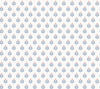 The Serene Villa Floral Stamp Wallpaper by York Wallcoverings features a simple and elegant decorative design of small, stylized blue and pink floral shapes arranged in evenly spaced diagonal rows across a crisp white background.