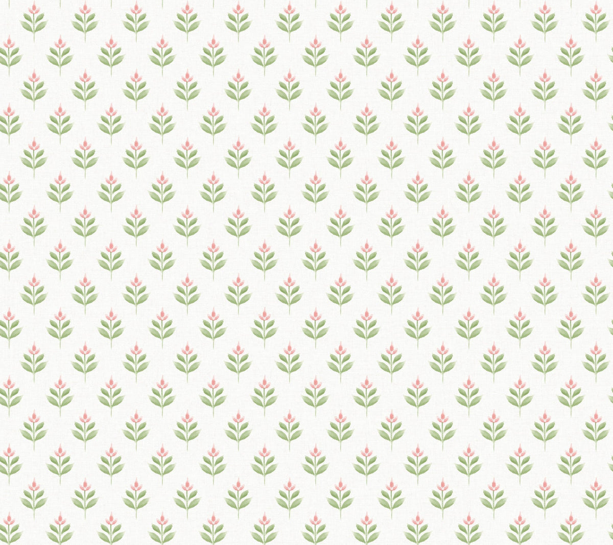 Serene Villa Floral Stamp Wallpaper by York Wallcoverings features a repeating pattern of small, simple pink oval flowers with green leaves, arranged in evenly spaced diagonal rows on a light beige background.