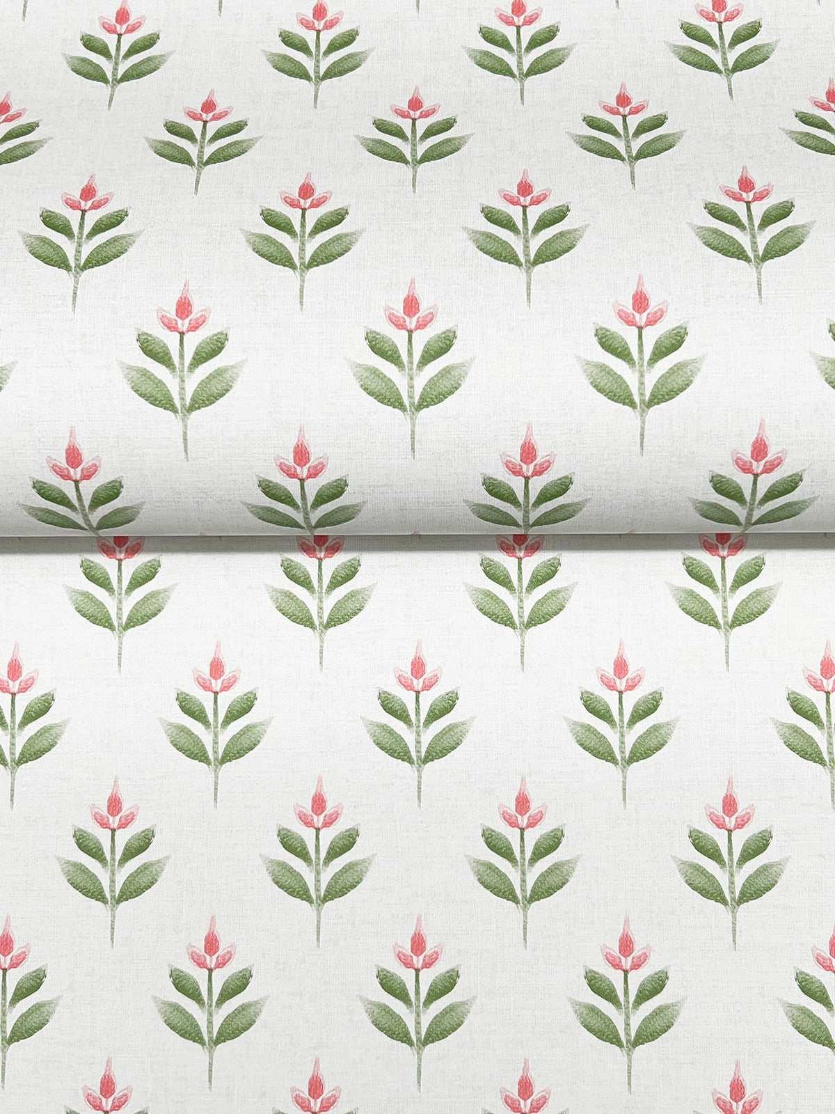Serene Villa Floral Stamp Wallpaper by York Wallcoverings features a repeating pattern of stylized pink flowers with green leaves on a white background. The design is uniform and wallpaper-inspired, with each flower evenly spaced and vertically aligned.