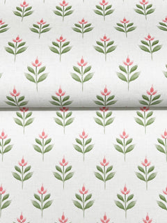 Serene Villa Floral Stamp Wallpaper by York Wallcoverings features a repeating pattern of stylized pink flowers with green leaves on a white background. The design is uniform and wallpaper-inspired, with each flower evenly spaced and vertically aligned.