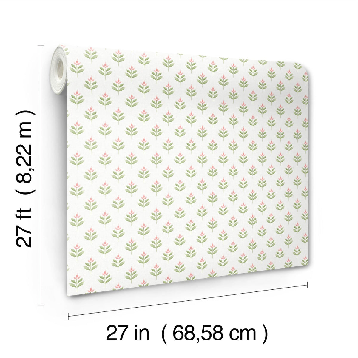 The Serene Villa Floral Stamp Wallpaper by York Wallcoverings features a small floral pattern in pink and green. Each roll measures 27 feet (8.22 m) in length and 27 inches (68.58 cm) in width.