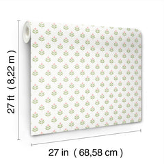 The Serene Villa Floral Stamp Wallpaper by York Wallcoverings features a small floral pattern in pink and green. Each roll measures 27 feet (8.22 m) in length and 27 inches (68.58 cm) in width.