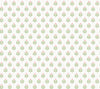 Serene Villa Floral Stamp Wallpaper by York Wallcoverings features a repeating pattern of small green and pink floral motifs on a light beige background, creating a simple, vintage-inspired look.