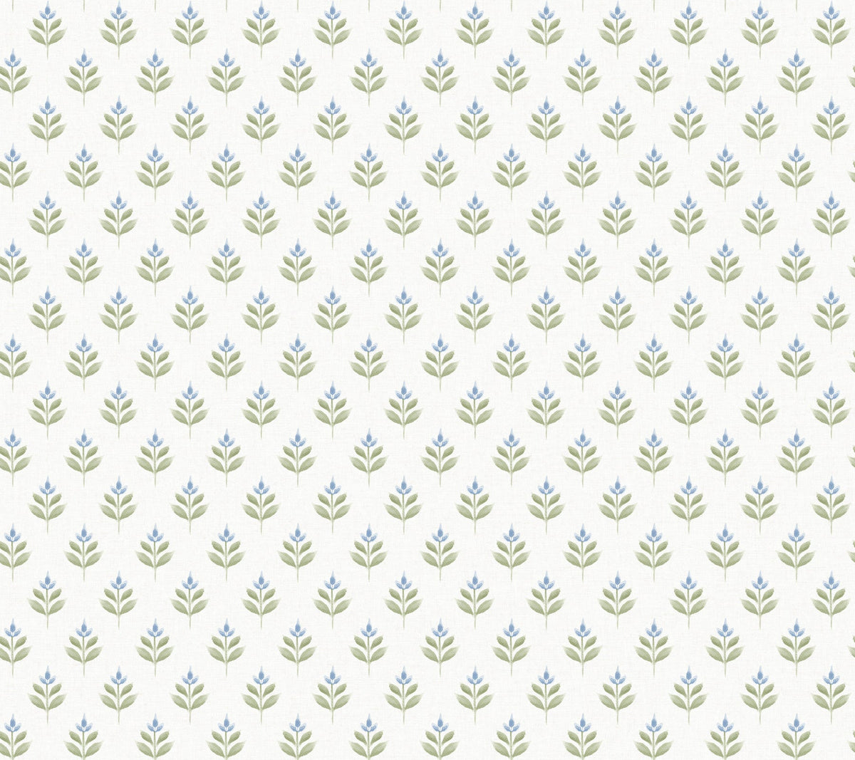 Serene Villa Floral Stamp Wallpaper by York Wallcoverings features a repeating pattern of petite green and blue leafy branches arranged in orderly diagonal rows against a light beige background.