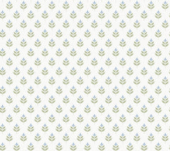 Serene Villa Floral Stamp Wallpaper by York Wallcoverings features a repeating pattern of petite green and blue leafy branches arranged in orderly diagonal rows against a light beige background.